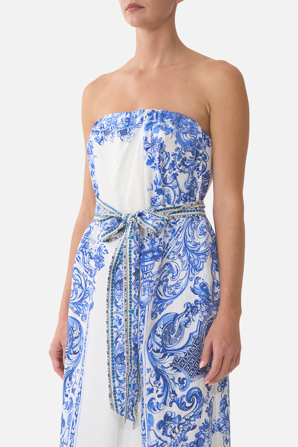 FRONT PLEAT STRAPLESS JUMPSUIT CERAMIC PANORAMIC