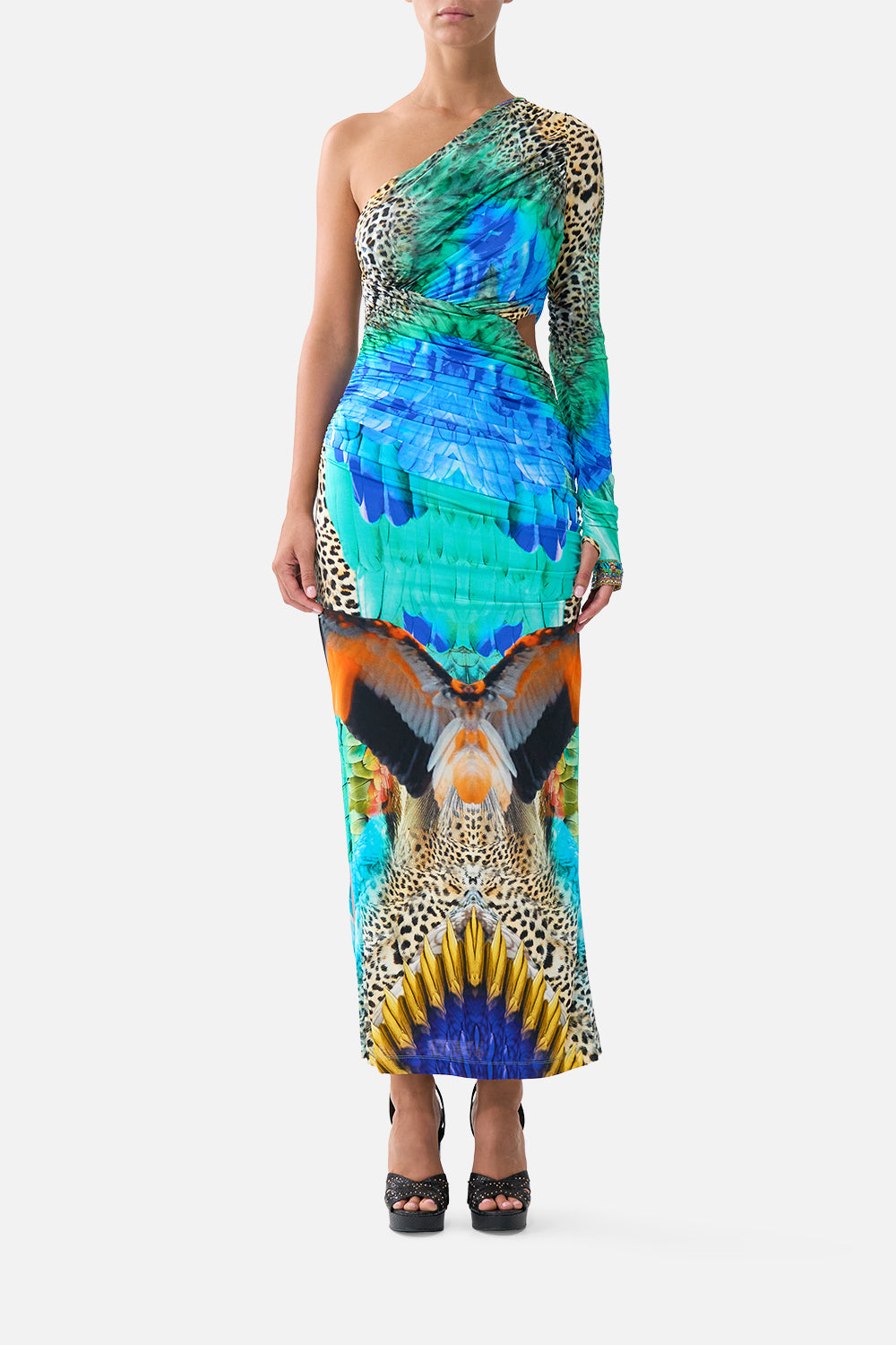 ONE SHOULDER JERSEY CUT OUT DRESS JUNGLE FLIGHT