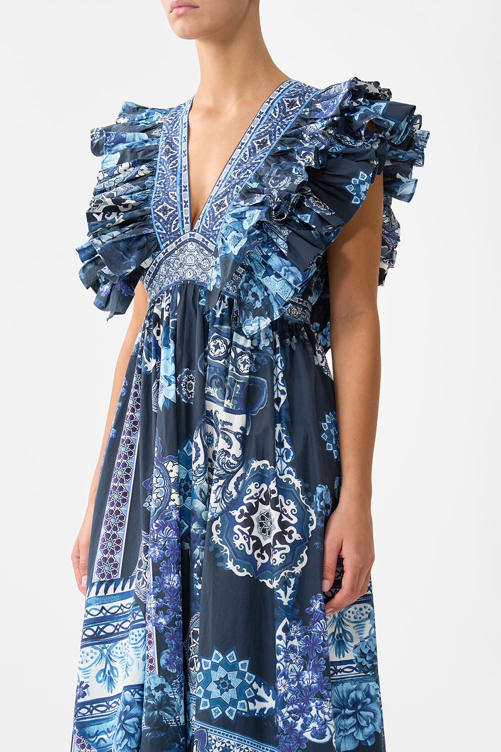 DOUBLE FRILL SLEEVE MIDI DRESS A TILED WONDERLAND