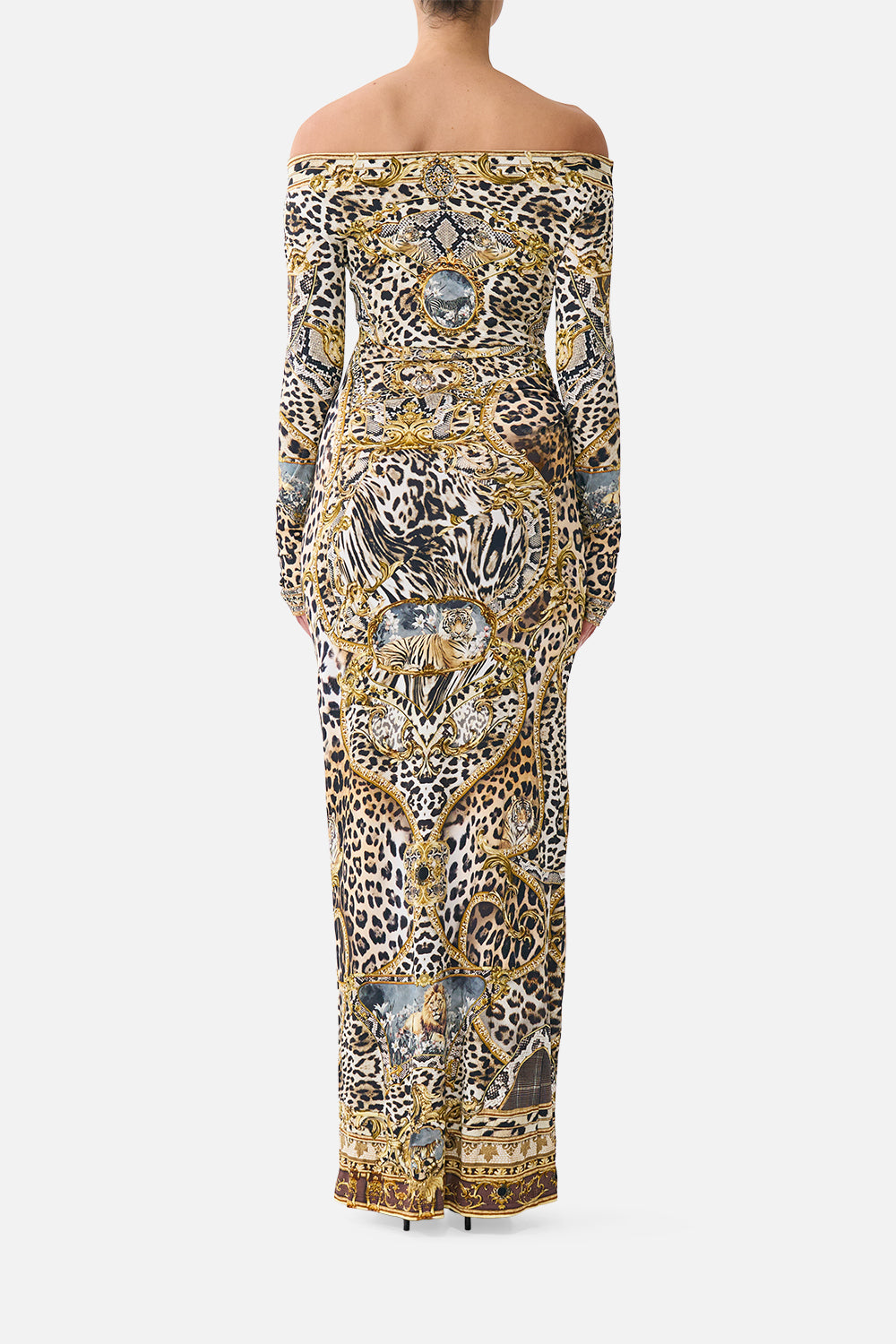 OFF SHOULDER GATHERED JERSEY DRESS LEOPARD LIBERTINE