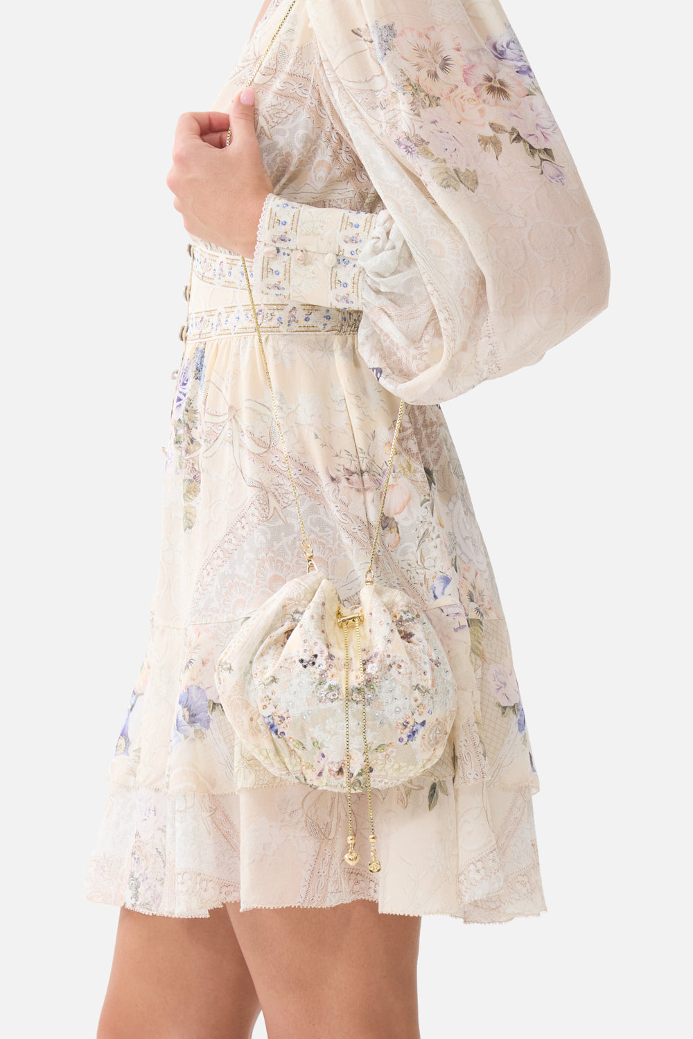 DRAWSTRING POUCH BAG WITH CHAIN STRAP LACED WITH LOVE