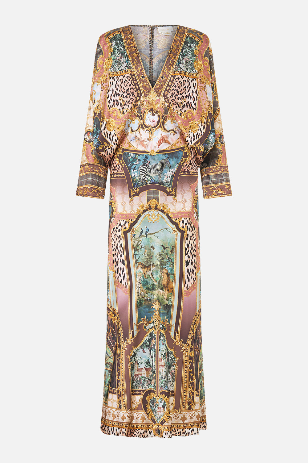 PLUNGE NECK DRAPED SHOULDER DRESS ANIMALS IN THE PALACE