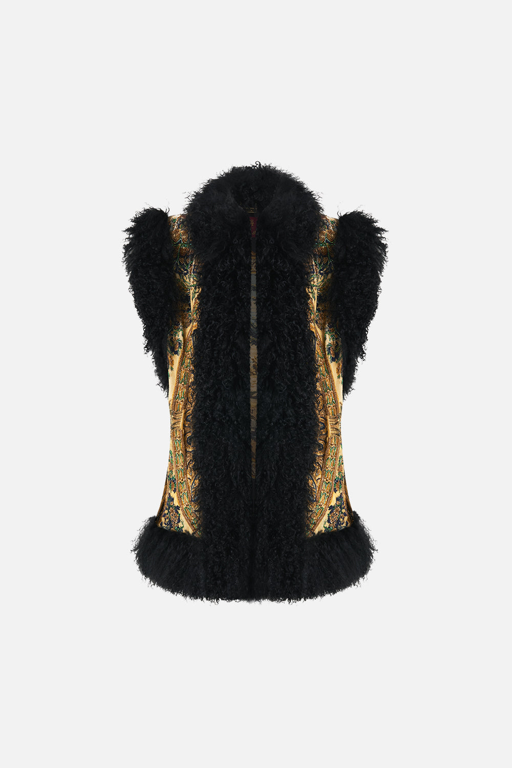 The CAMILLA Oversized Shearling Gilet in our Museum Memoirs print.