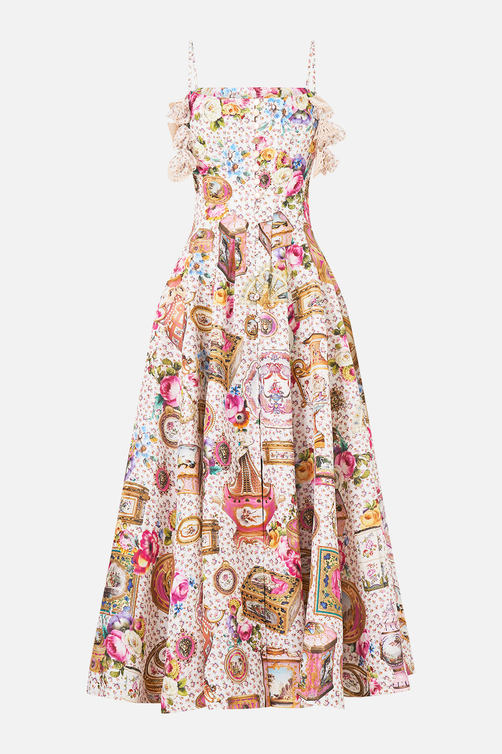 The CAMILLA Corset Dress With Long Flared Skirt in our In The Heart Of Art print.