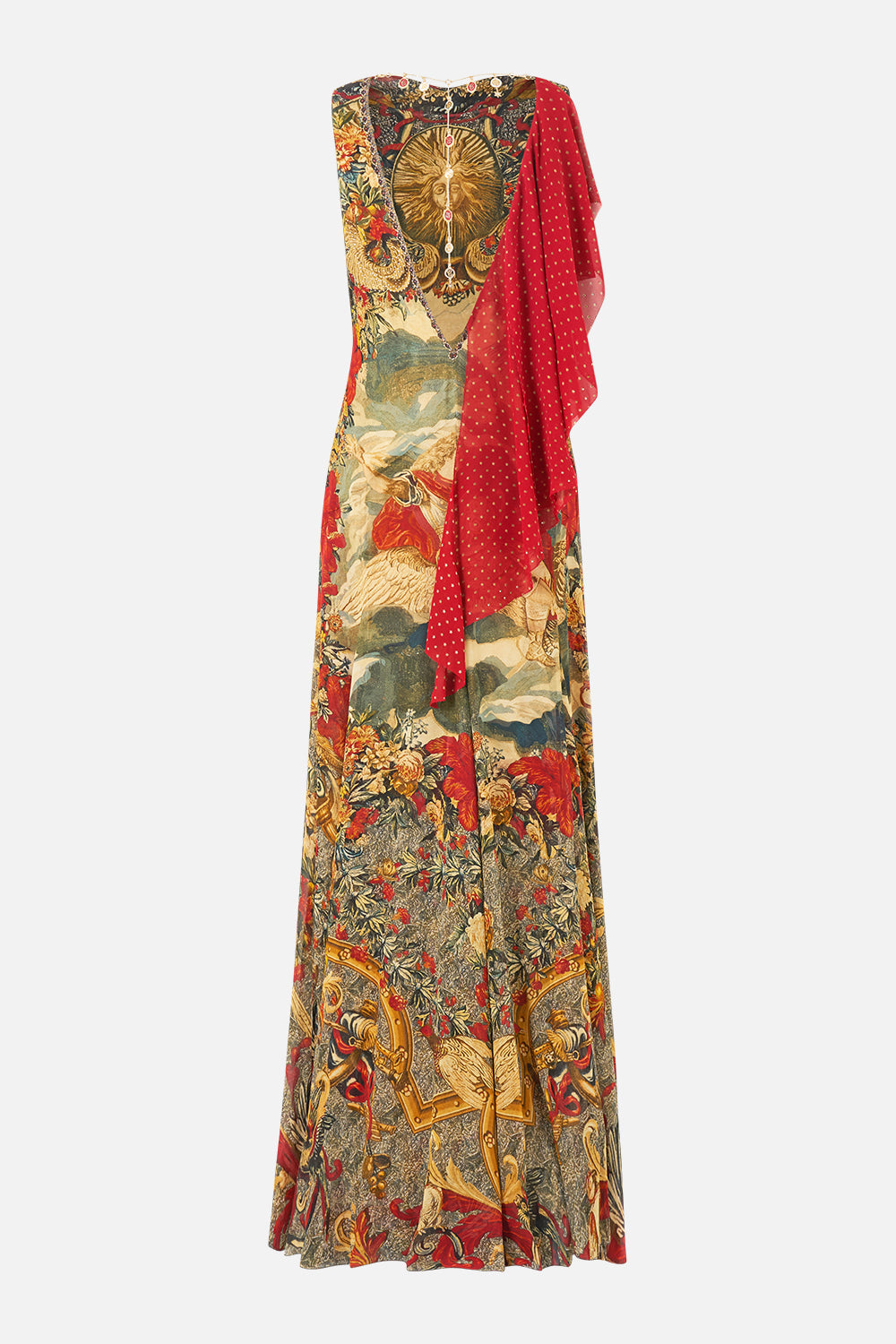 The CAMILLA Open Back Gown With Front Split in our Meet Me At The Met print.