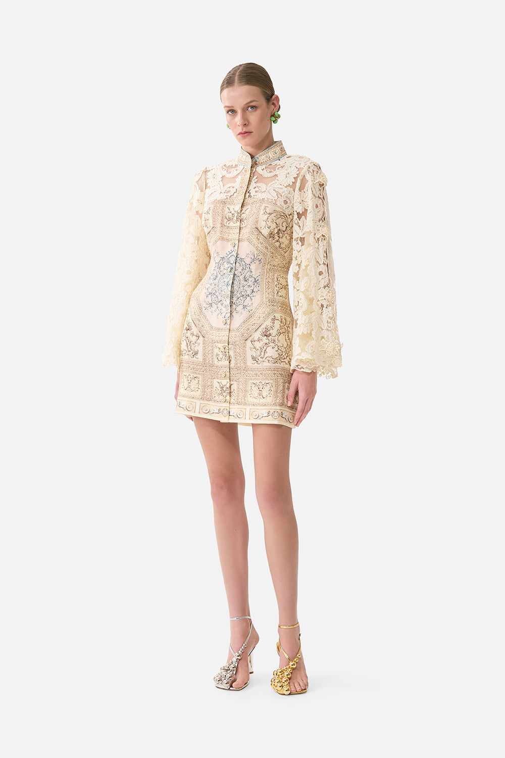 The CAMILLA Lace Sleeve Mini Shift Dress in our A Beloved Boudoir print.