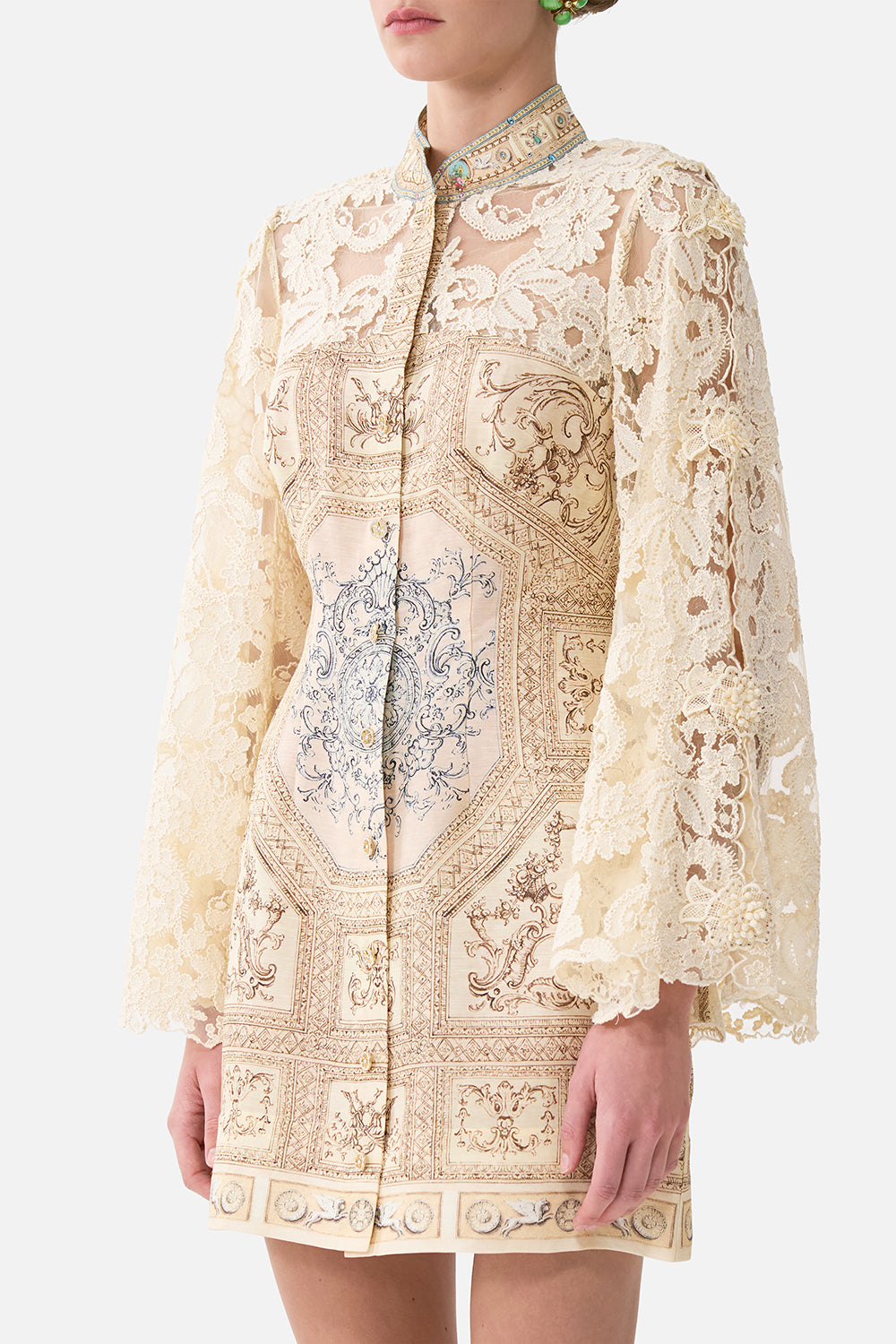 The CAMILLA Lace Sleeve Mini Shift Dress in our A Beloved Boudoir print.