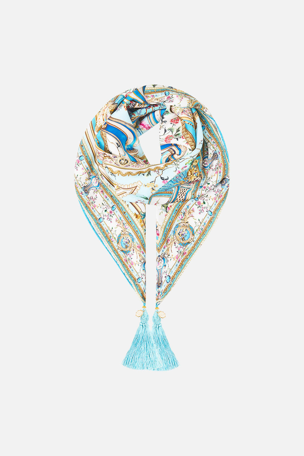 The CAMILLA Large Crystalled Silk Square Scarf in our Art For The Artisans print.