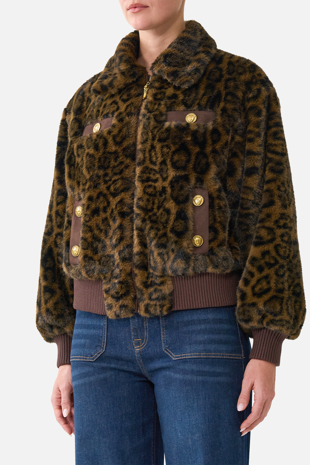 FAUX FUR BOMBER WITH POCKET DETAILS FIESTA, SIESTA, REPEAT