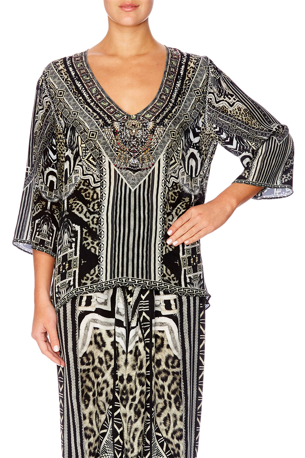 TRIBAL THEORY V NECK OVERSIZED BLOUSE