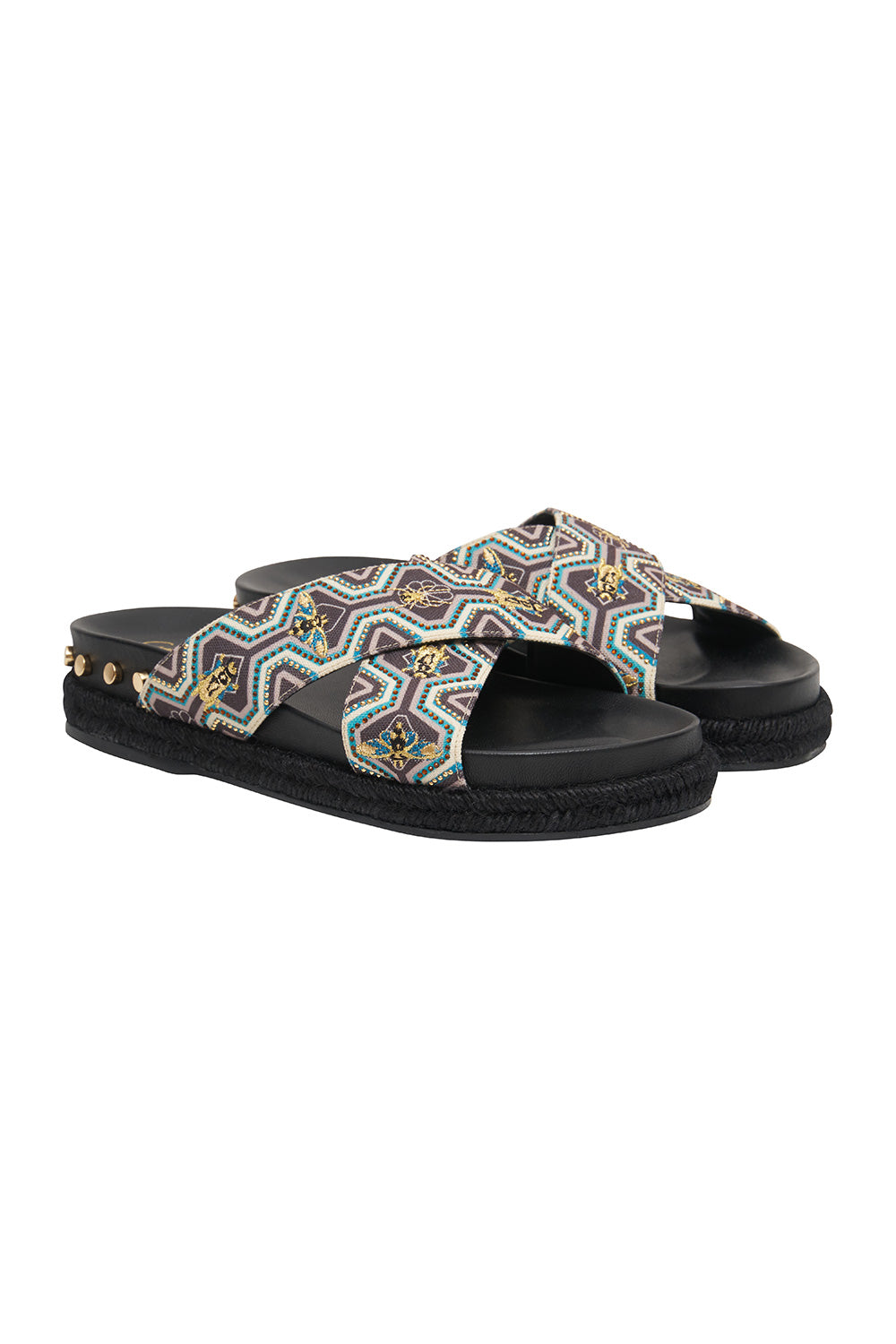 EMBELLISHED ESPADRILLE SLIDE SOLID BLACK