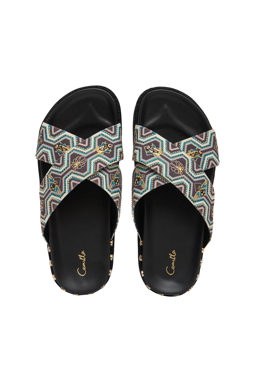 EMBELLISHED ESPADRILLE SLIDE SOLID BLACK