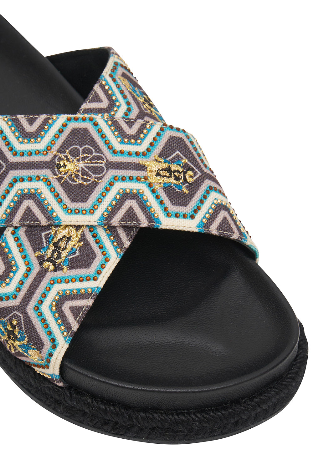 EMBELLISHED ESPADRILLE SLIDE SOLID BLACK