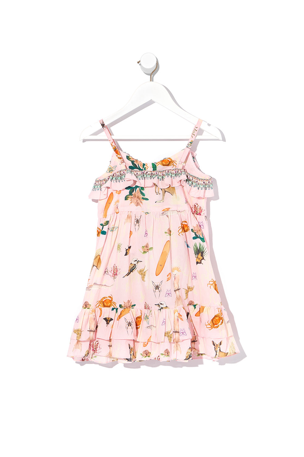 KIDS BUTTON THROUGH FRILL DRESS OVER THE RAINBOW