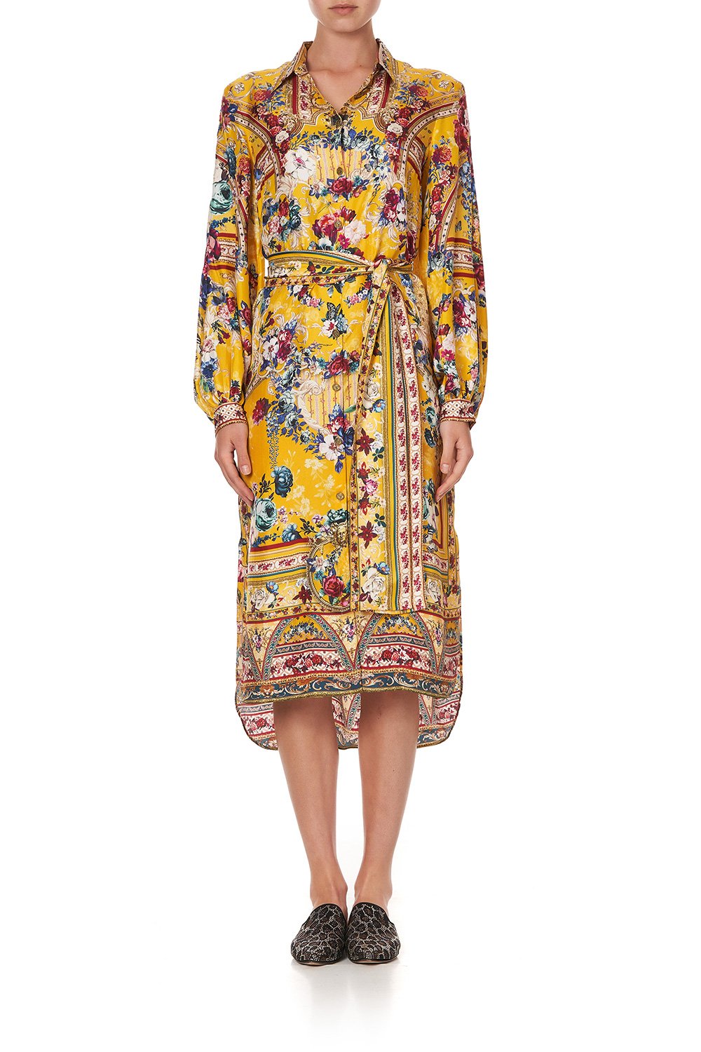 HIGH LOW MIDI SHIRT DRESS CROWNED ROSES