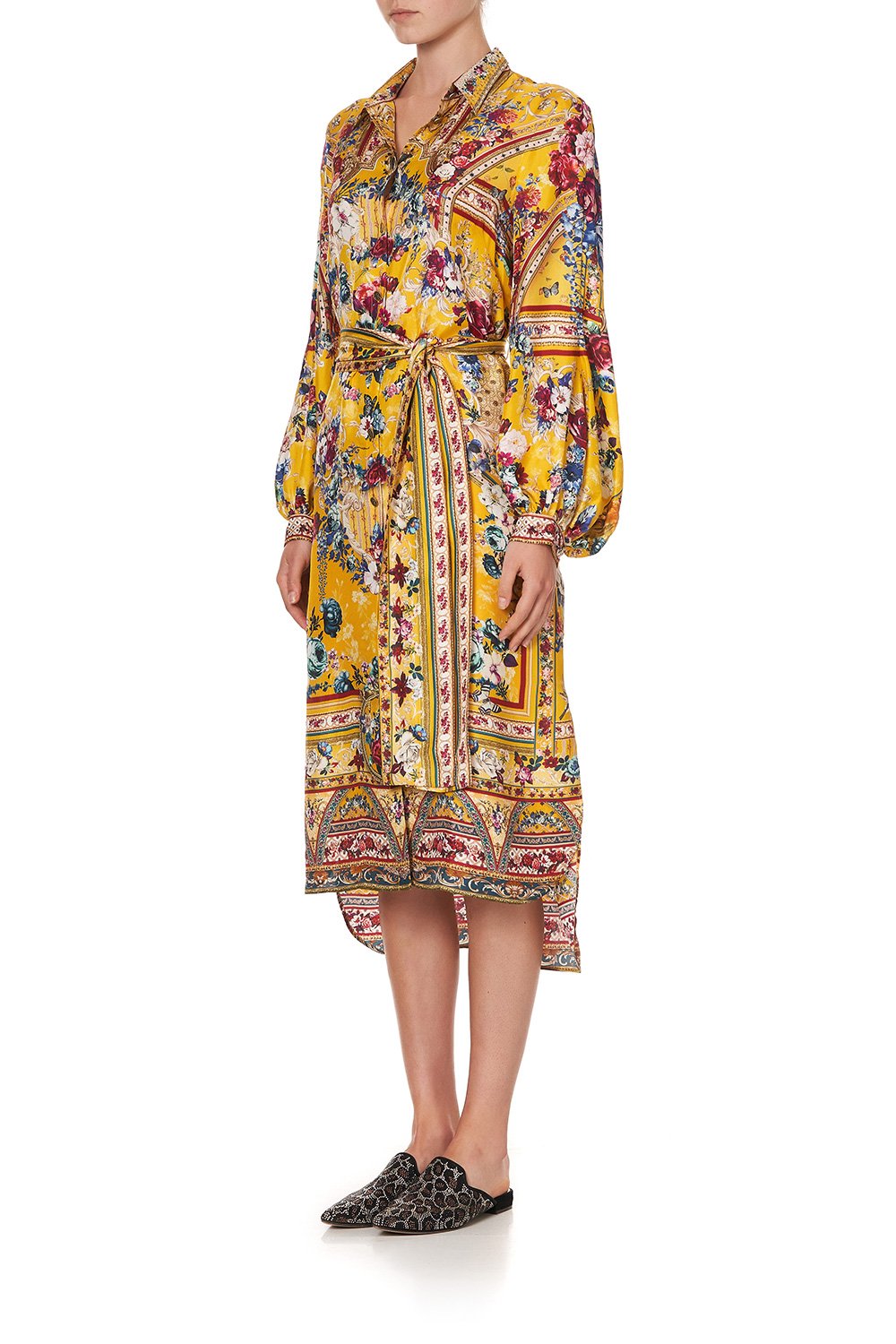 HIGH LOW MIDI SHIRT DRESS CROWNED ROSES