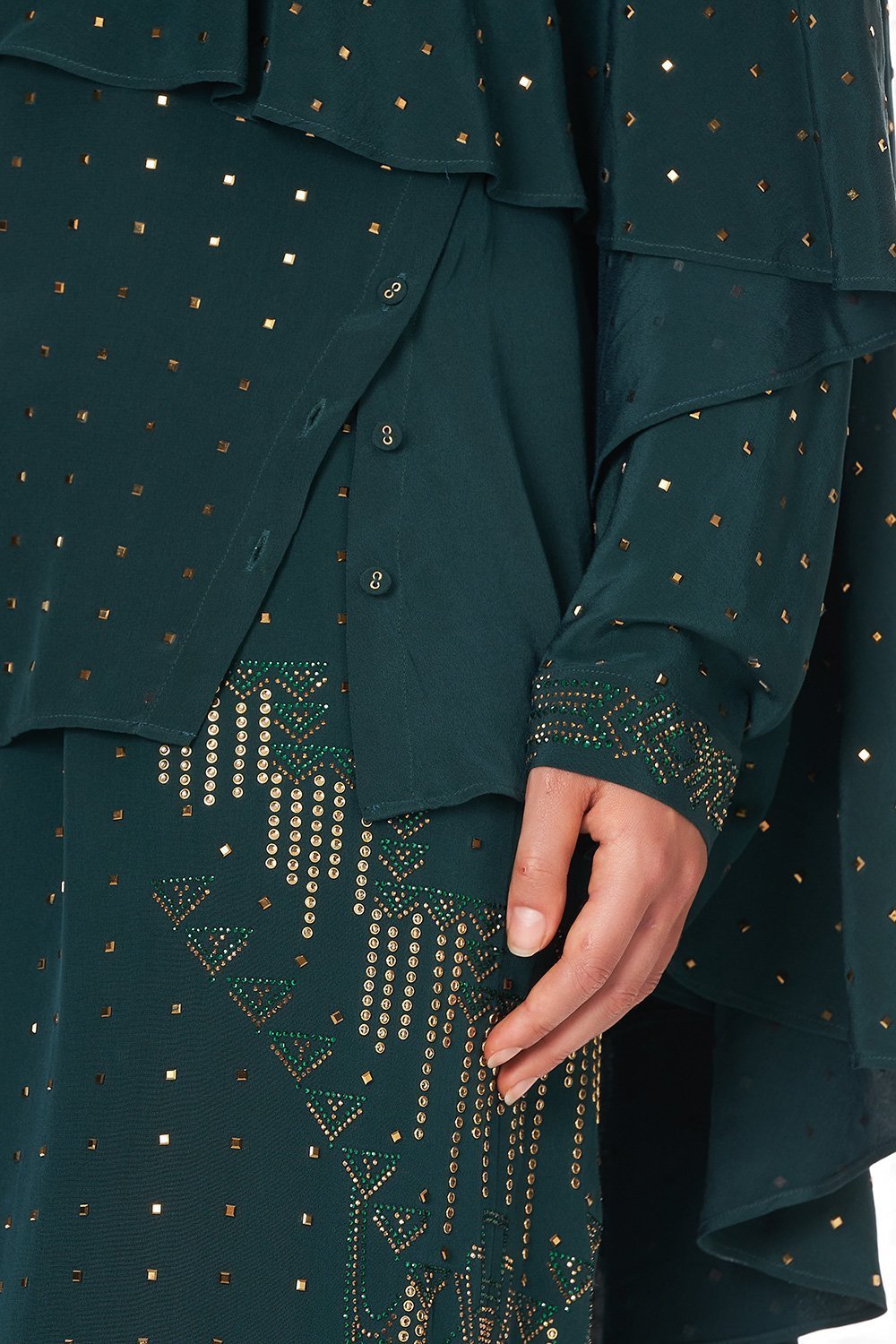 DRAPED BUTTON FRONT BLOUSE LUXE EMERALD