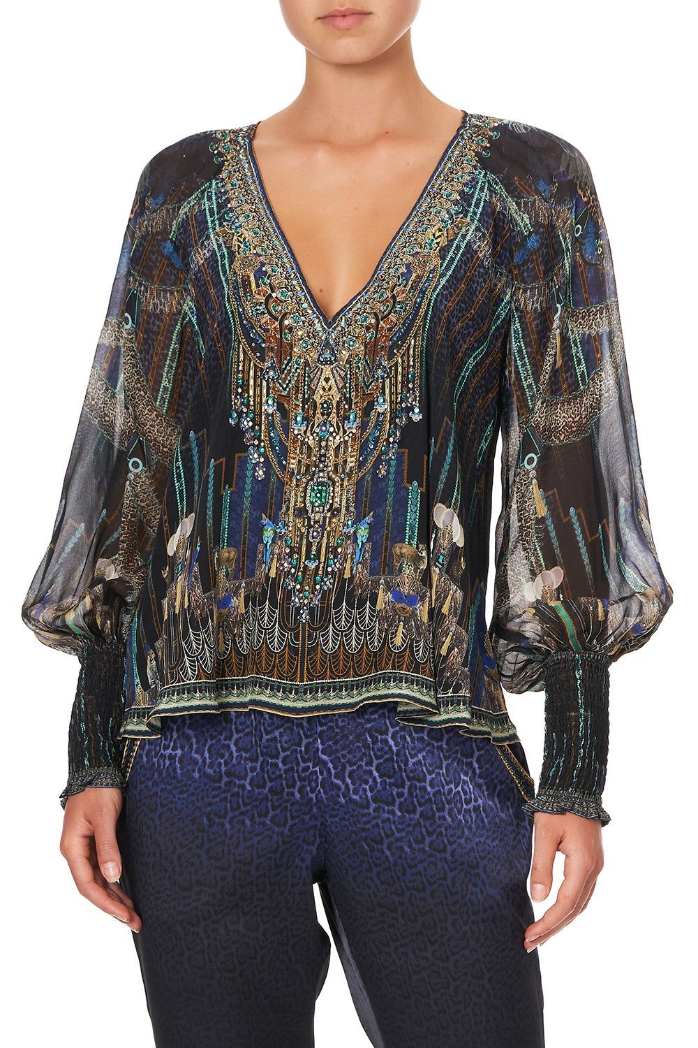 SHIRRED CUFF BLOUSE DRIPPING IN DECO