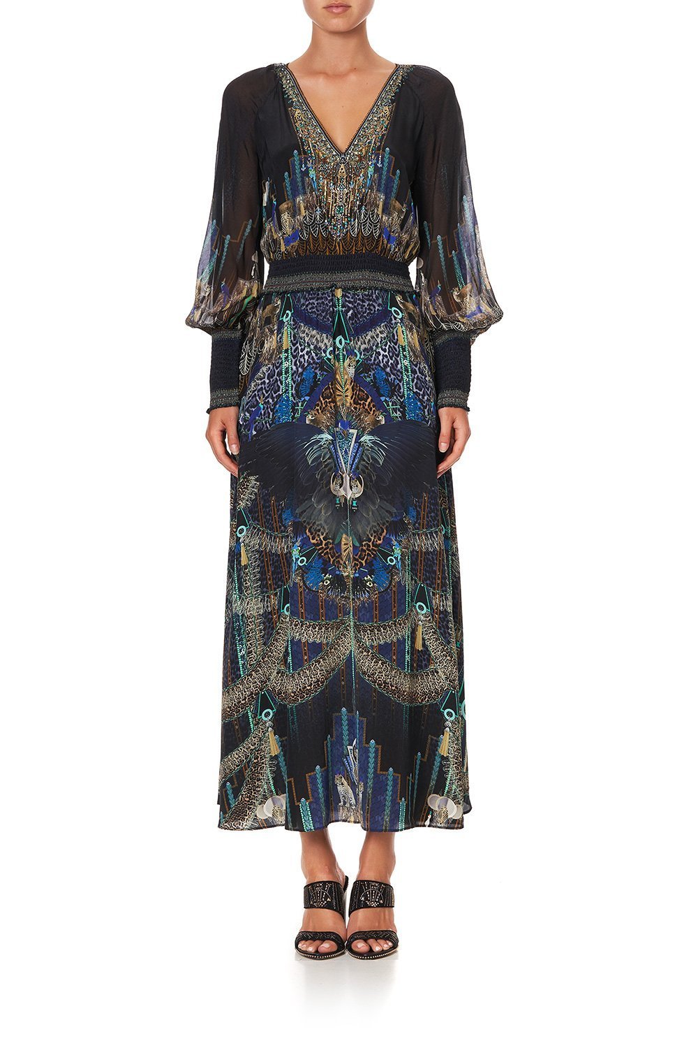 DRESS WITH SHIRRED WAIST AND CUFF DRIPPING IN DECO