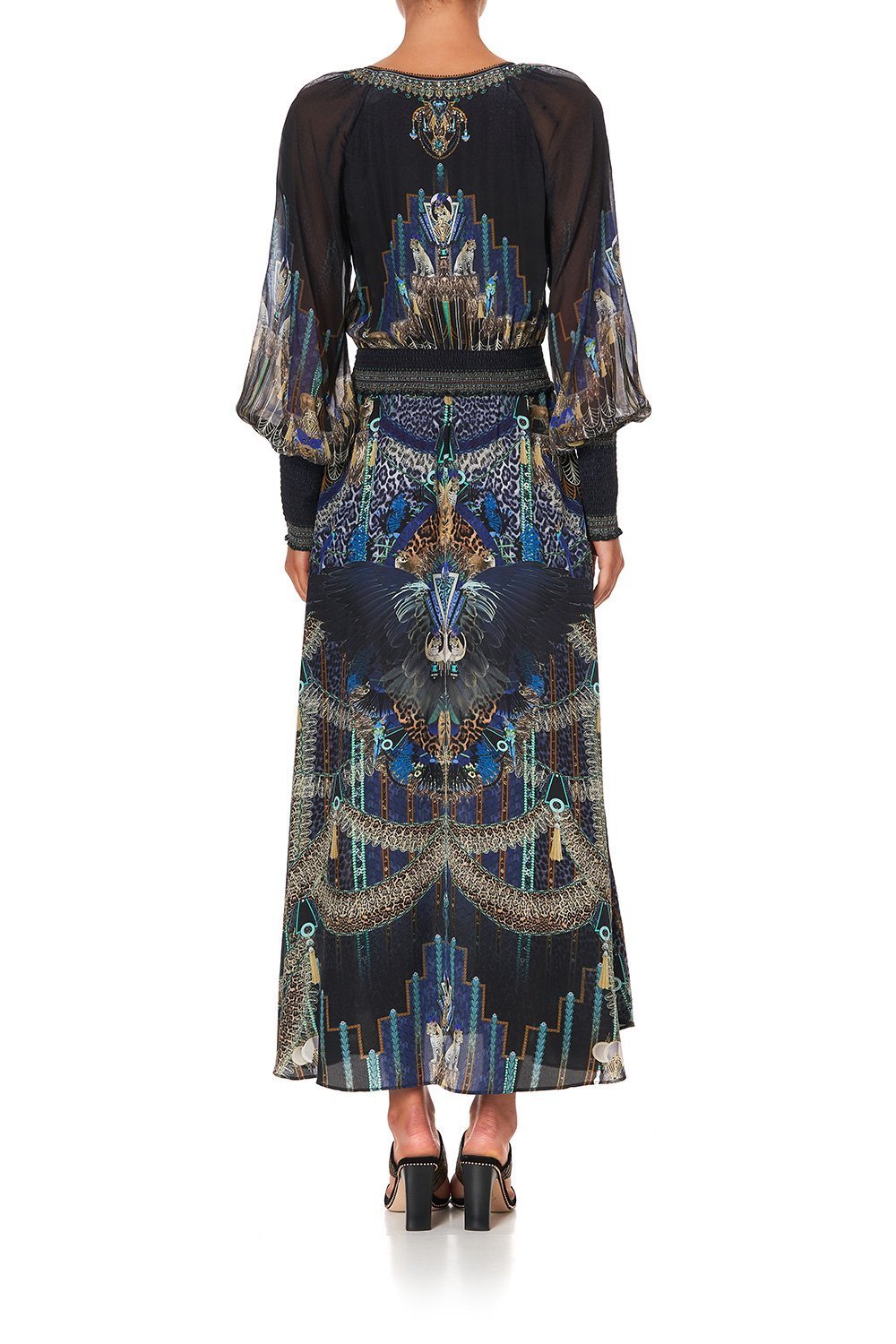 DRESS WITH SHIRRED WAIST AND CUFF DRIPPING IN DECO