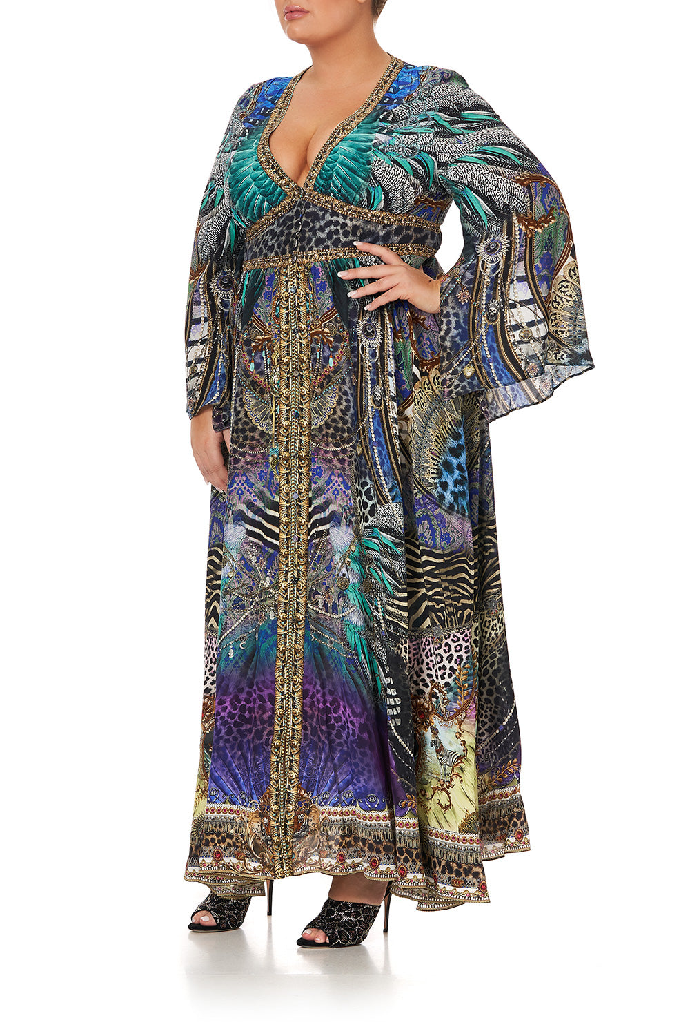 KIMONO SLEEVE DRESS WITH SHIRRING DETAIL ANIMAL ARMY