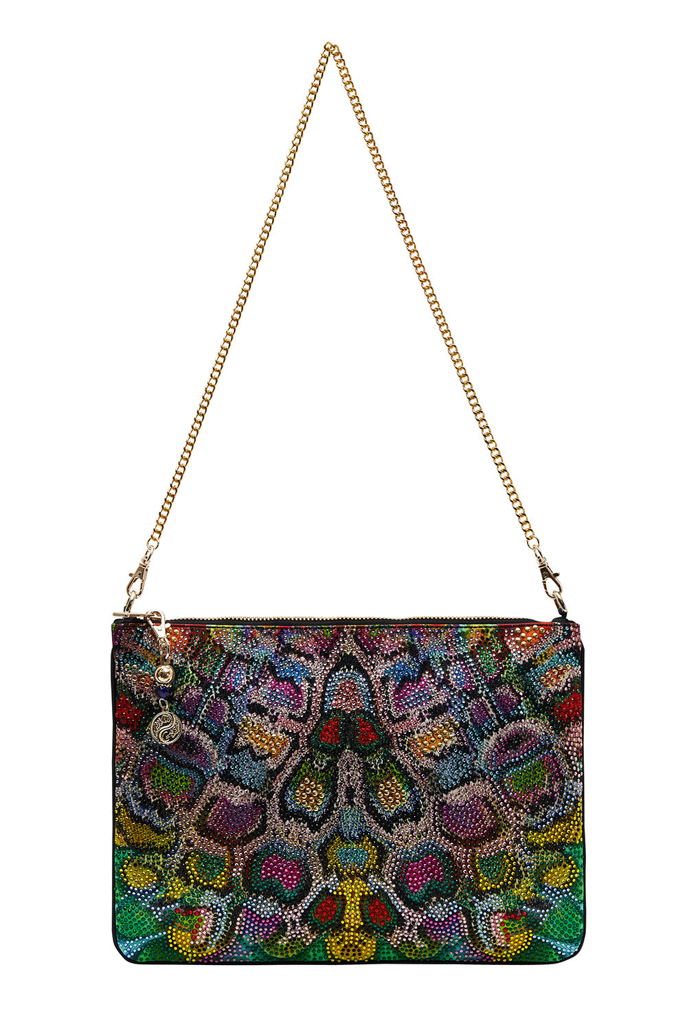 EMBELLISHED ZIP TOP CLUTCH WITH STRAP COMING DOWN FROM COSMOS