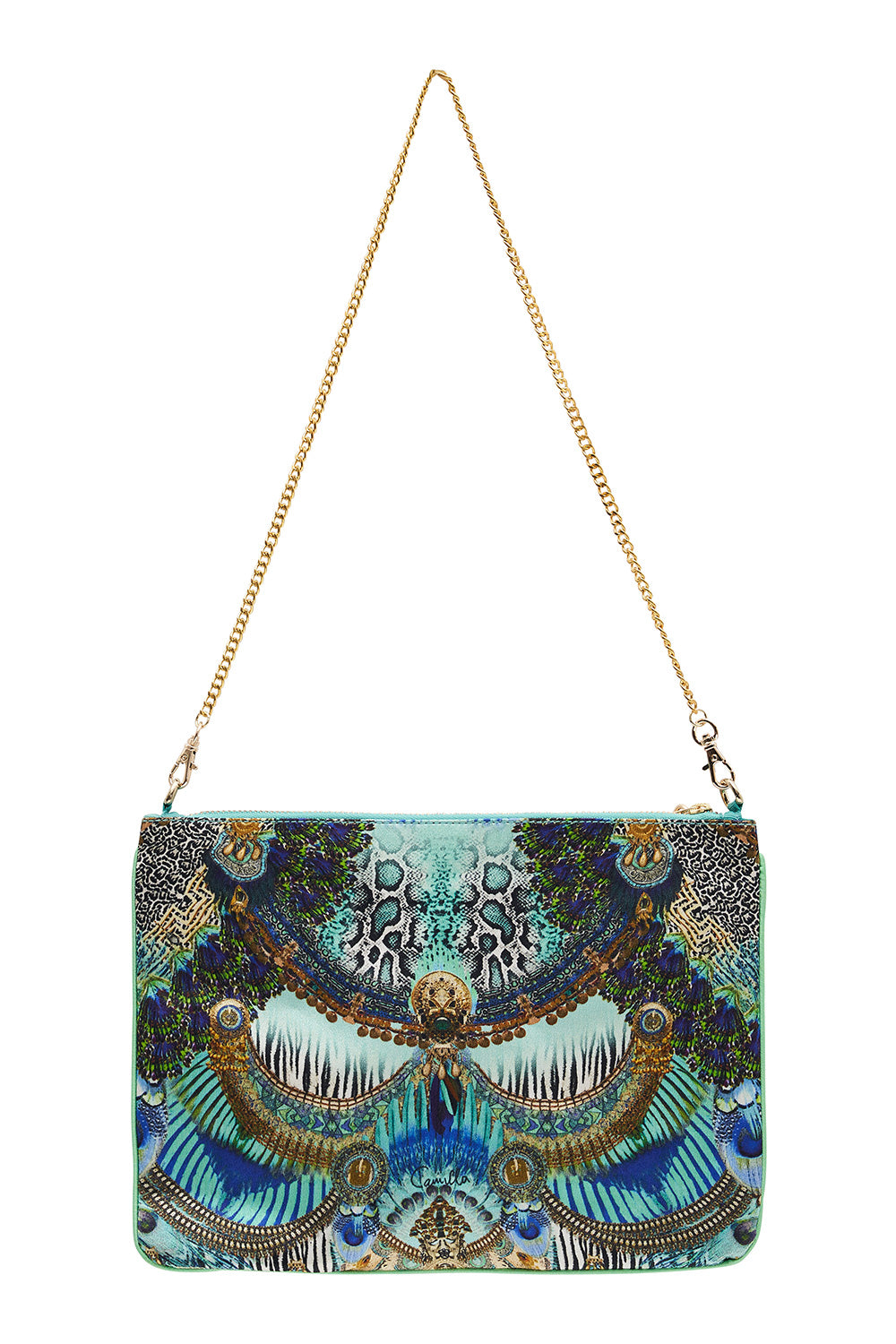 EMBELLISHED ZIP TOP CLUTCH WITH STRAP TEMPLE TEMPTRESS