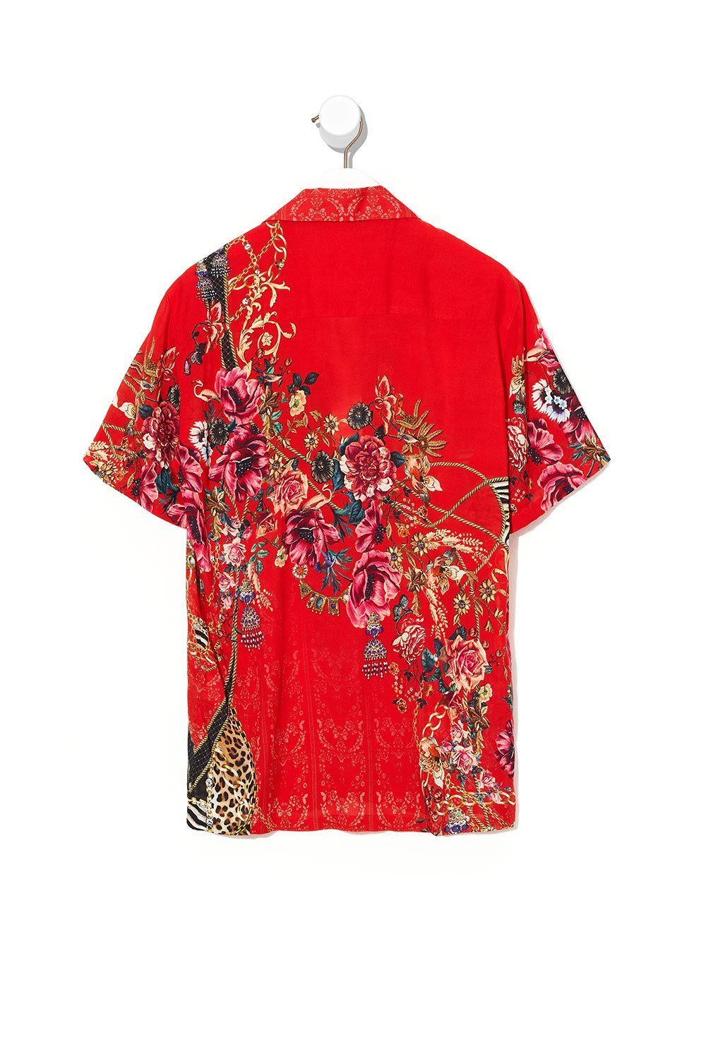 SHORT SLEEVE CAMP COLLARED SHIRT AND THE QUEEN WORE RED