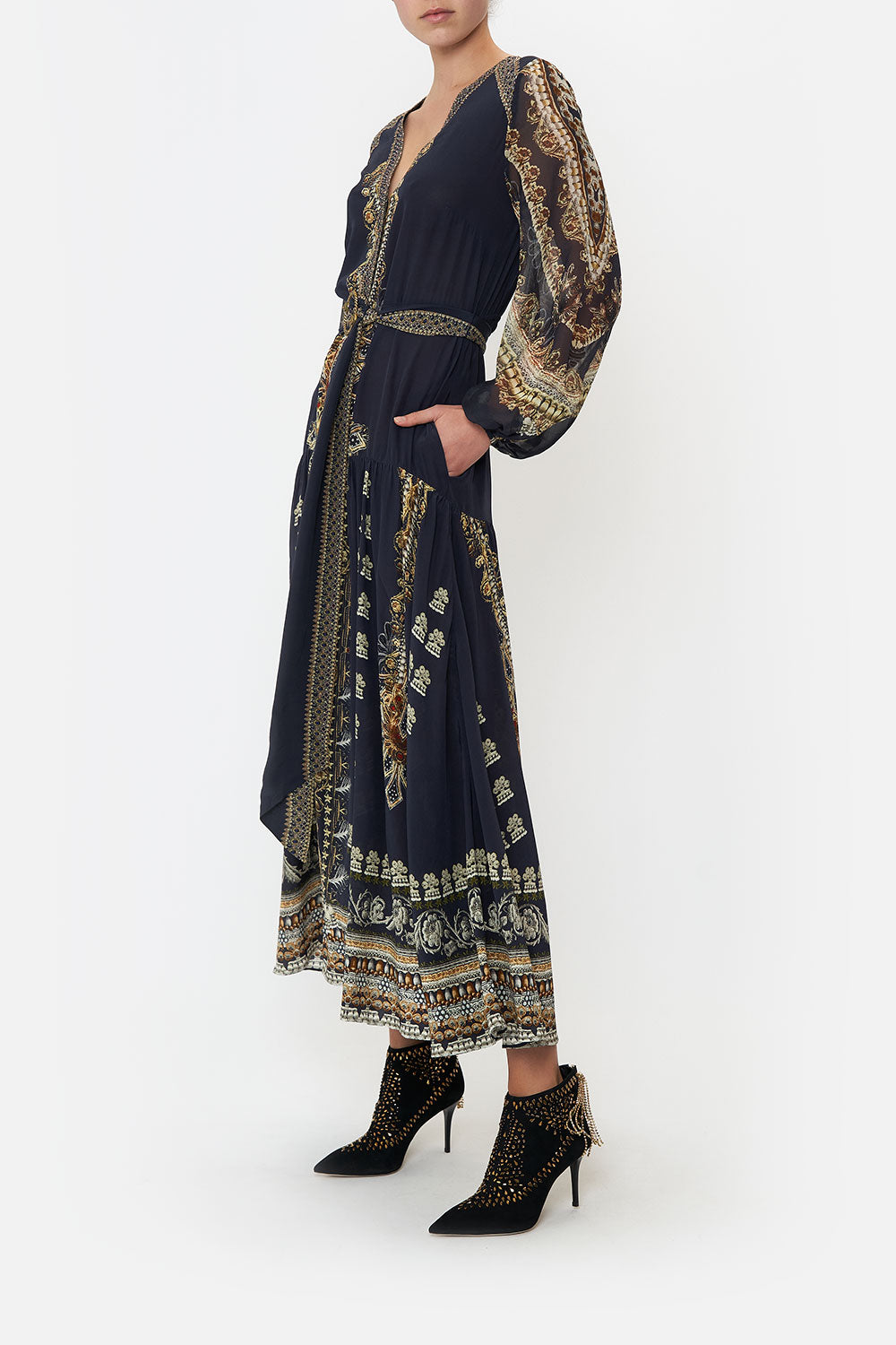 V NECK DRESS WITH BELT ITS ALL OVER TORERO