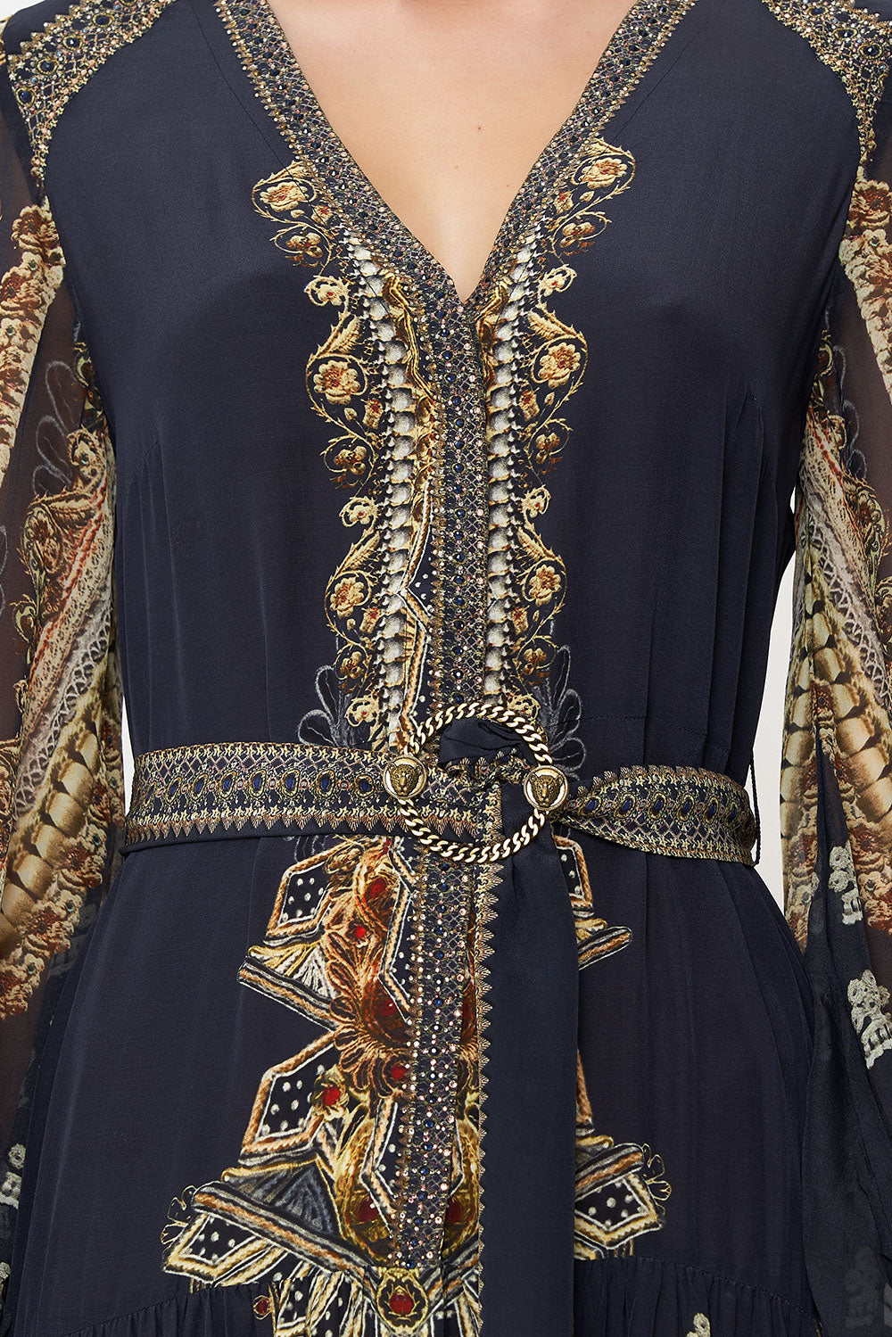 V NECK DRESS WITH BELT ITS ALL OVER TORERO