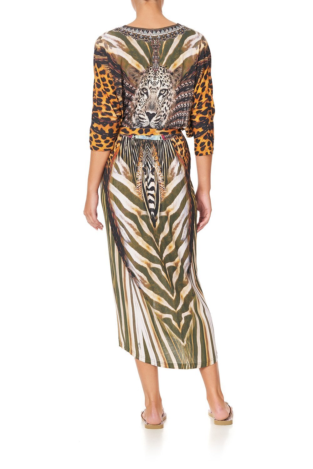 JERSEY FITTED V NECK DRESS WITH TIE NINE LIVES