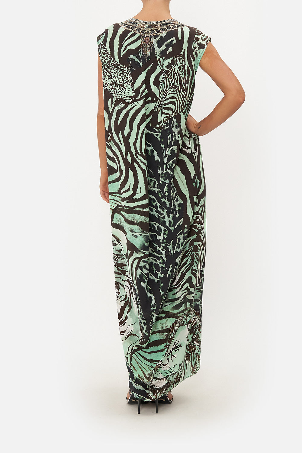 SLEEVELESS DRAPE BACK DRESS LEOPARD LORE