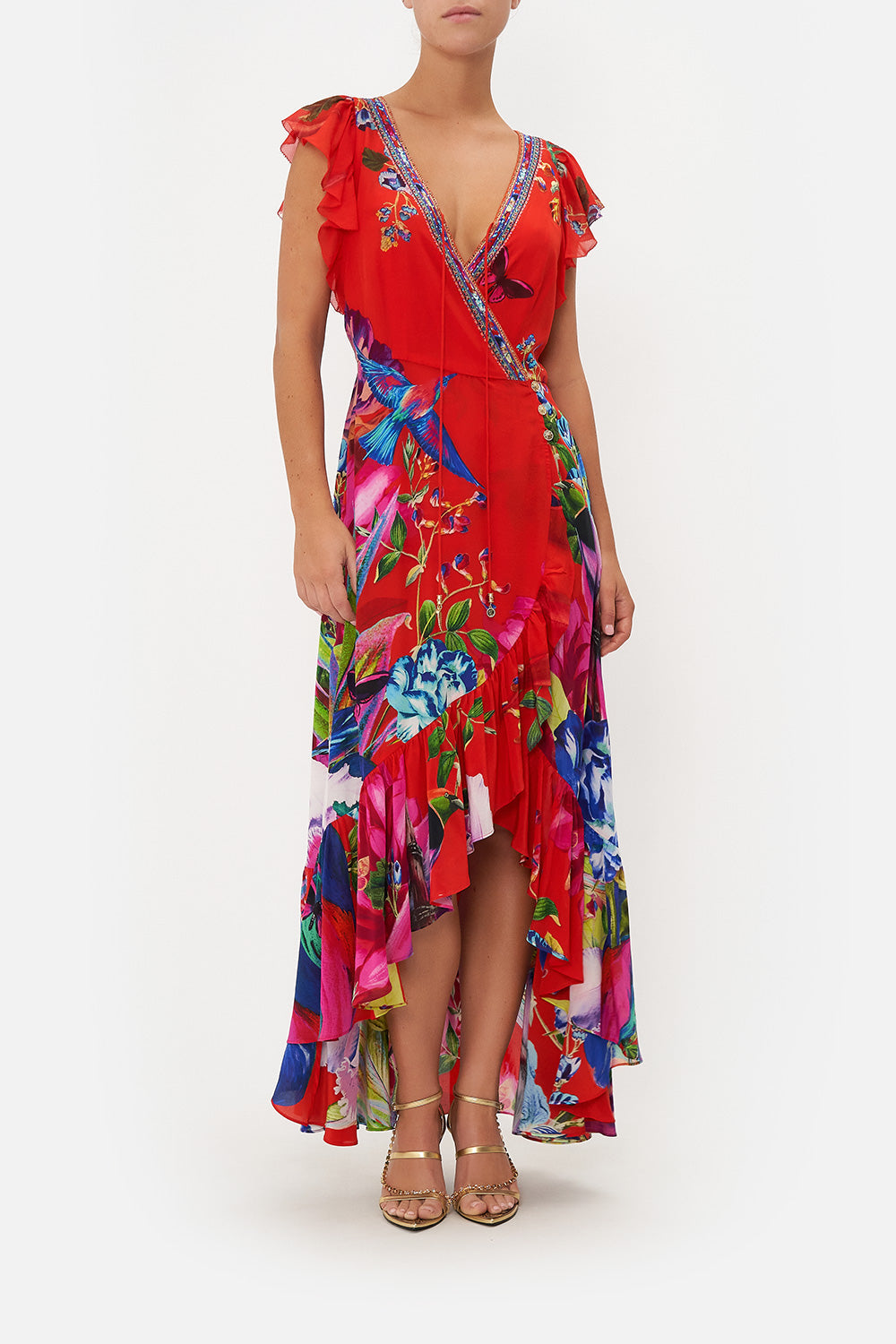RUFFLE WRAP DRESS BIRDS OF A FEATHER