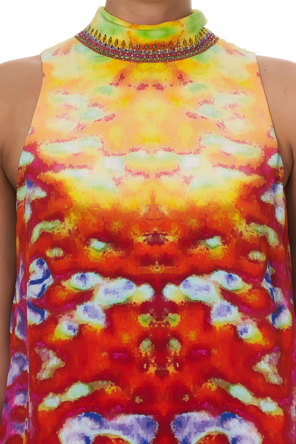 HIGH COLLAR SHIFT DRESS BANSHEE BECKONS