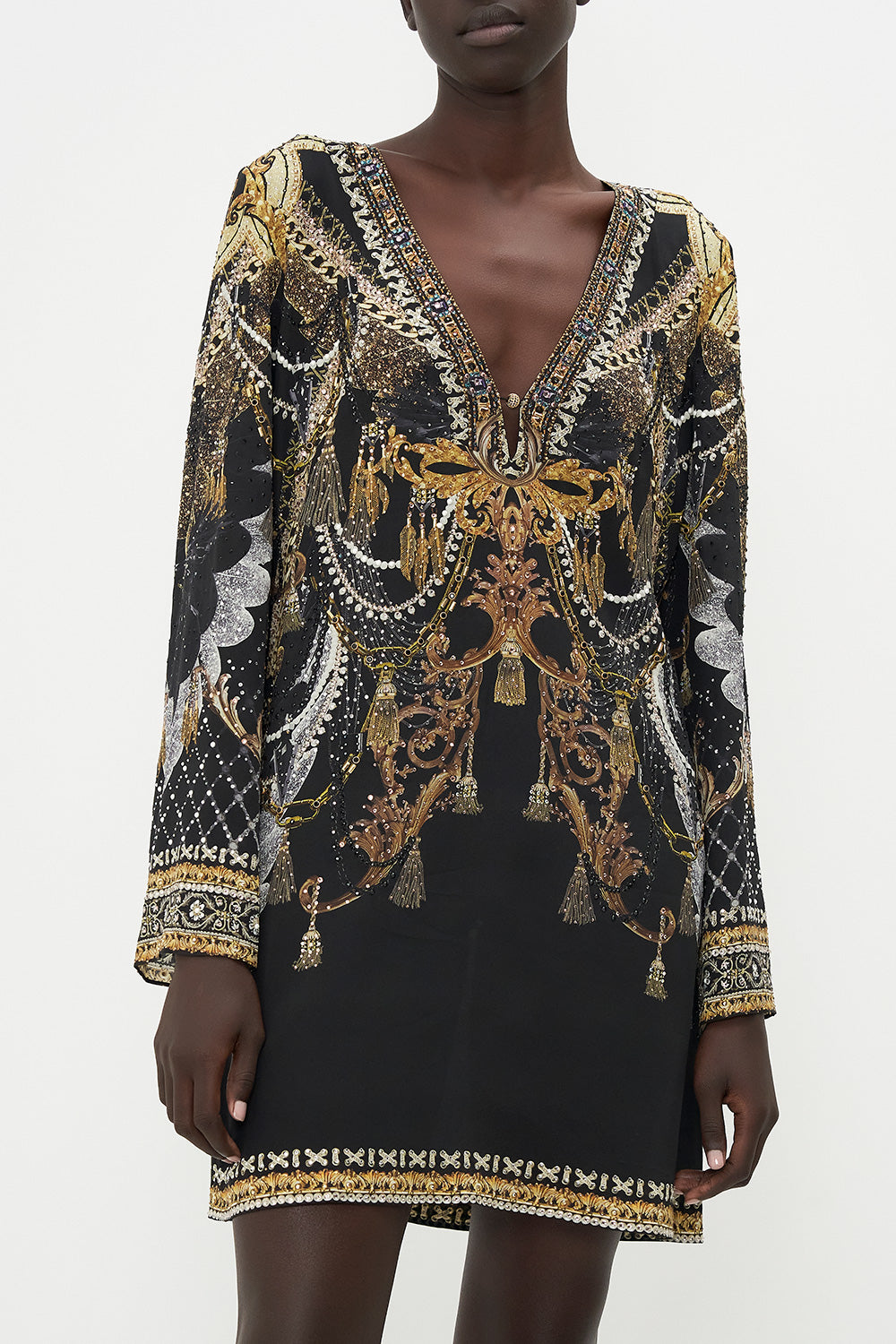 LONG SLEEVE DEEP V SHORT DRESS RAVIN RAVEN