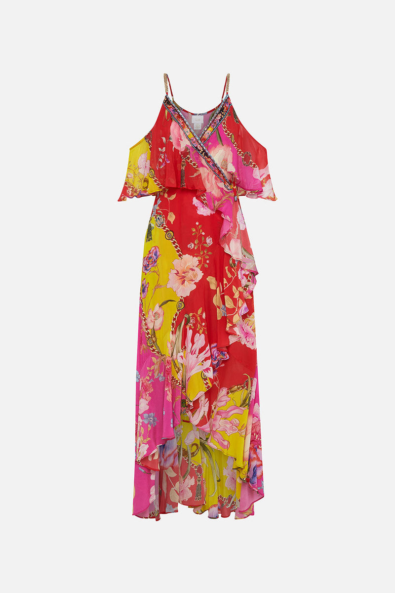 RUFFLE OVERLAYER WRAP DRESS FLORAFUL