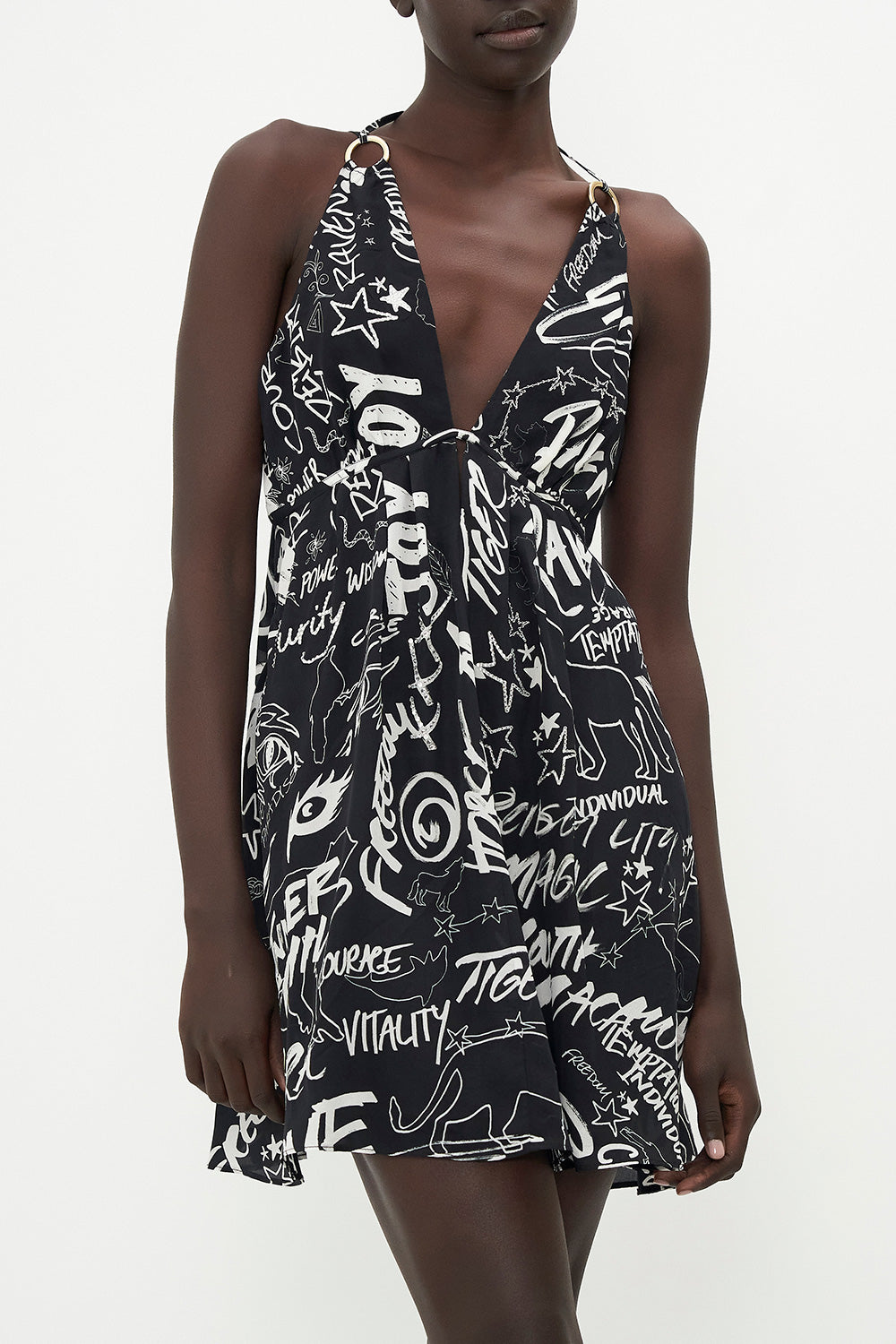 SHORT FLARED DRESS WITH HARDWARE SPIRIT SCRIBBLE