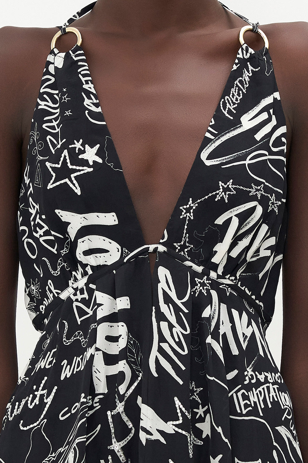 SHORT FLARED DRESS WITH HARDWARE SPIRIT SCRIBBLE