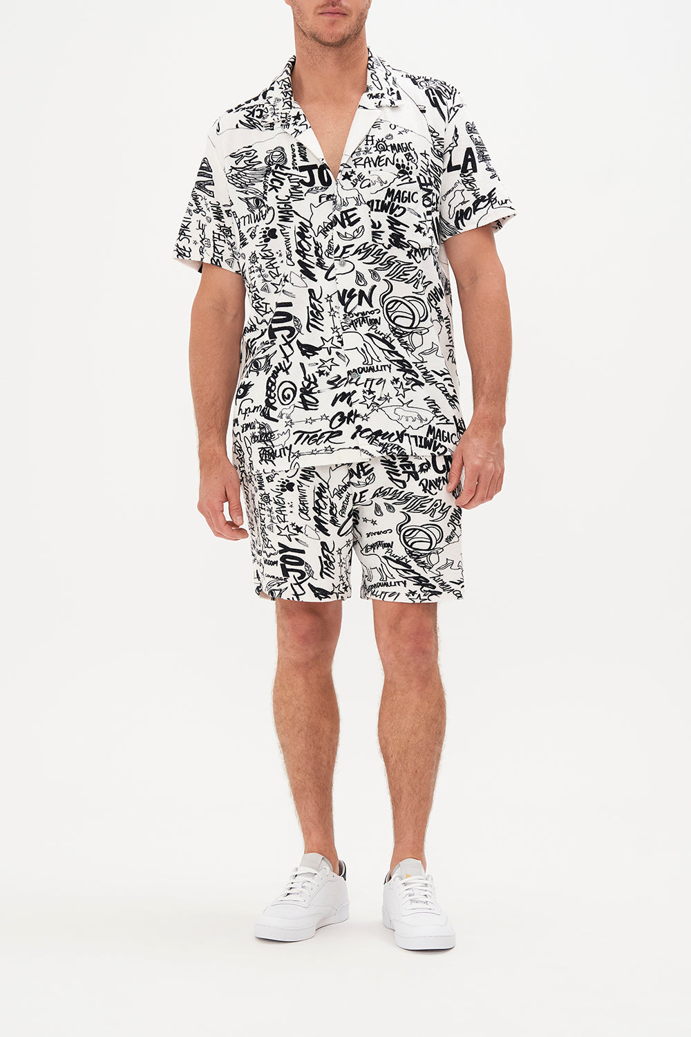 TERRY TOWELLING SHORT SLEEVE BUTTON UP SHIRT CREATURE FEATURE