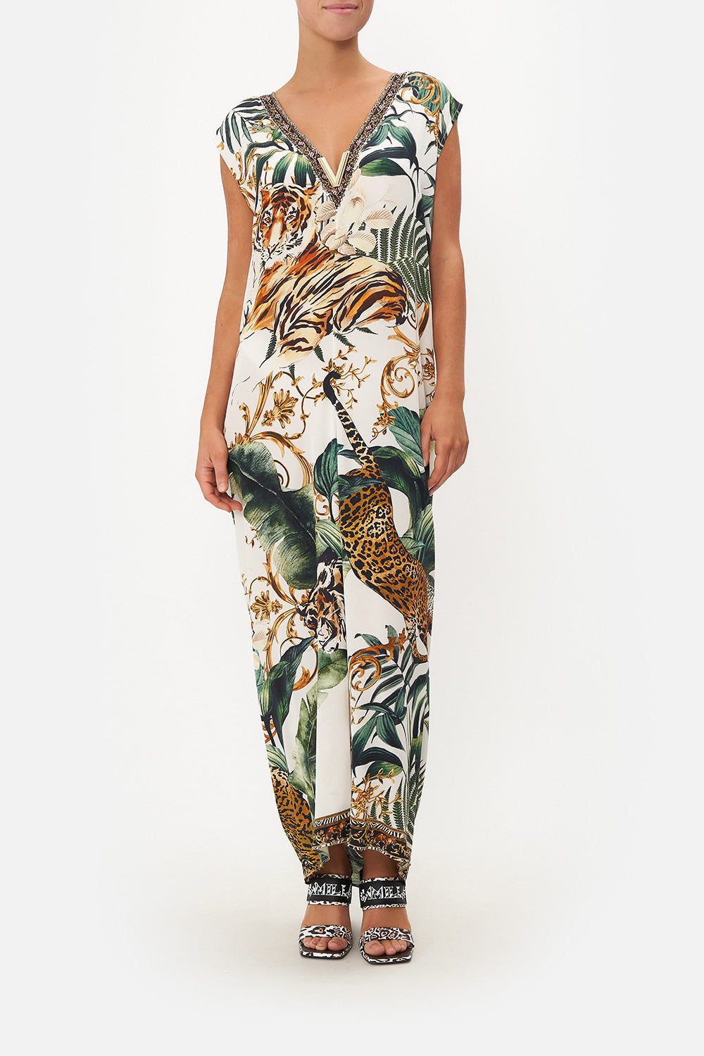 SLEEVELESS DRAPE BACK DRESS TIGER TRAP