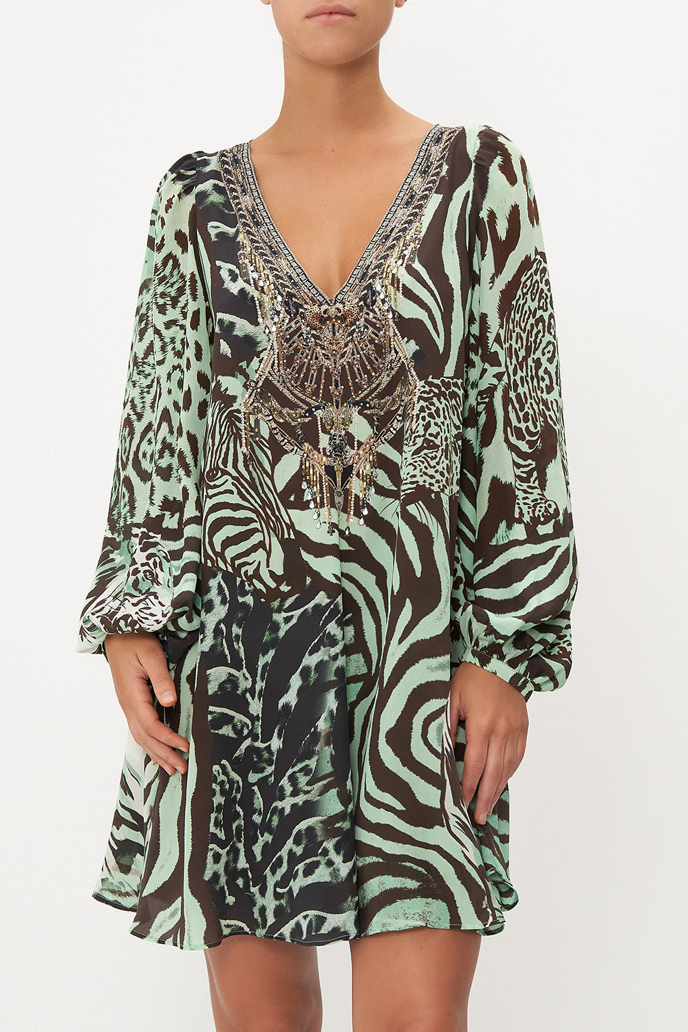 V NECK BLOUSON SLEEVE DRESS LEOPARD LORE