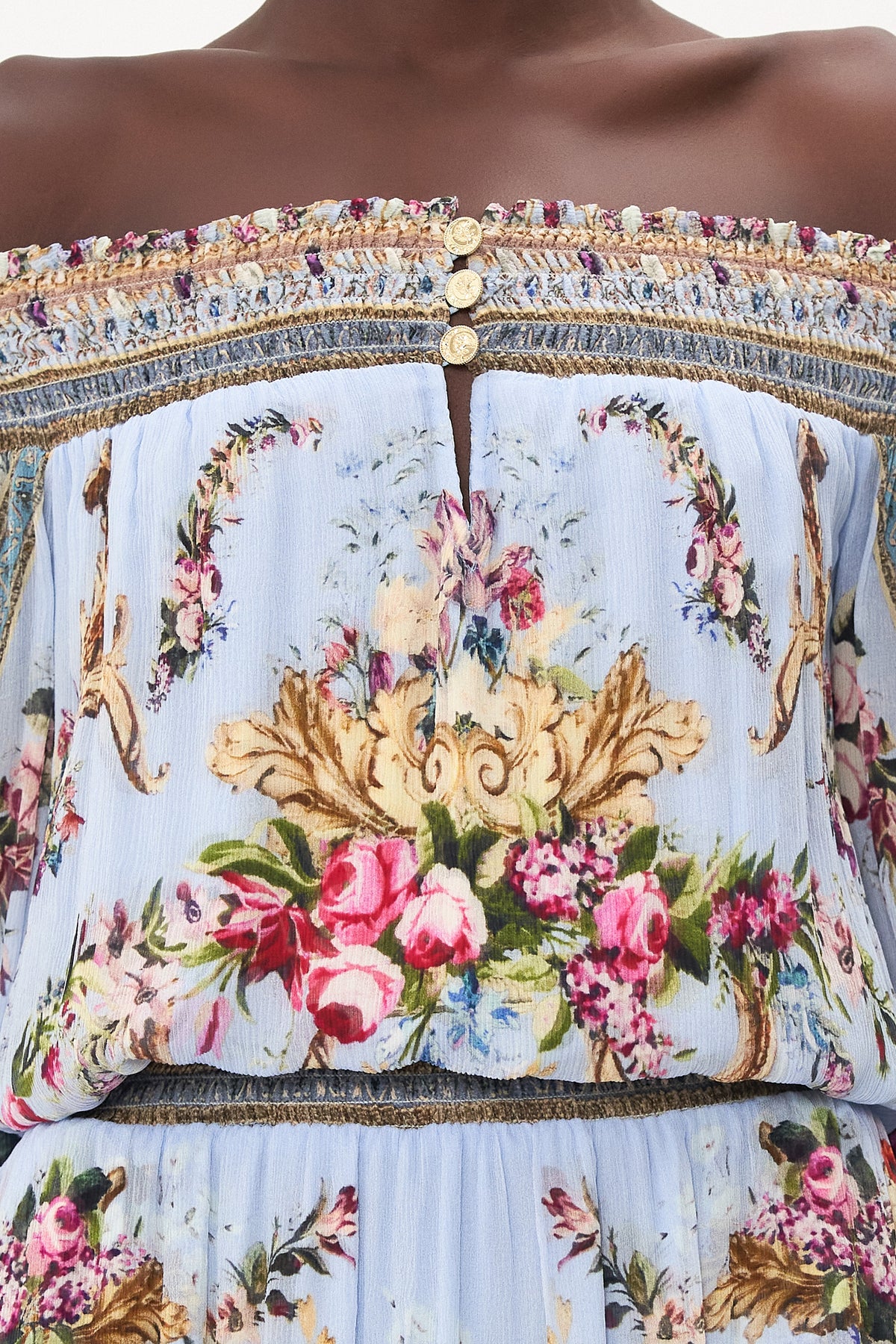 OFF SHOULDER SHIRRED DRESS FLORAFUL