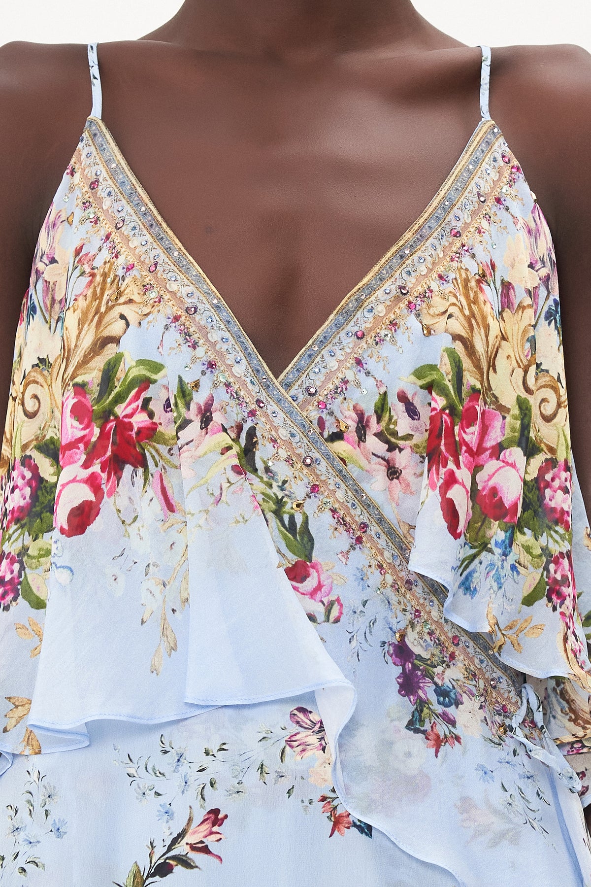 RUFFLE OVERLAYER WRAP DRESS FLORAFUL