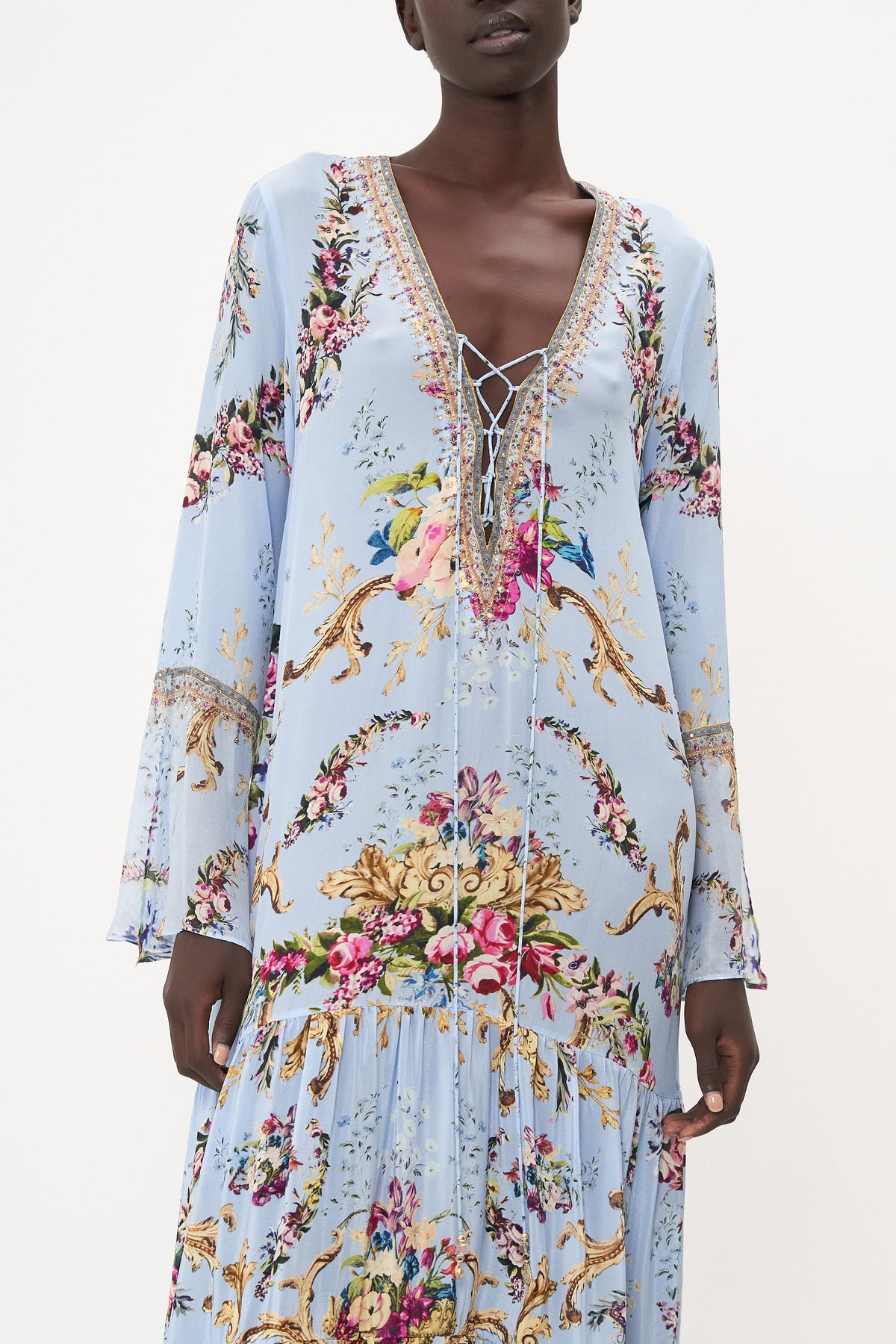 LACE UP DRESS WITH TIERED HEM FLORAFUL