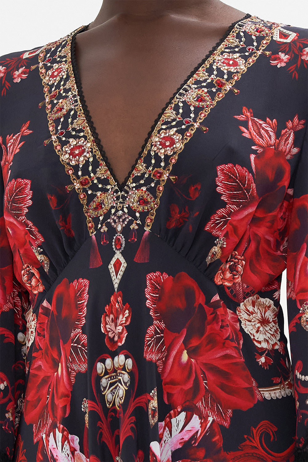 BLOUSON SLEEVE V NECK DRESS WITH LACE SISTERHOOD OF THE ROSE