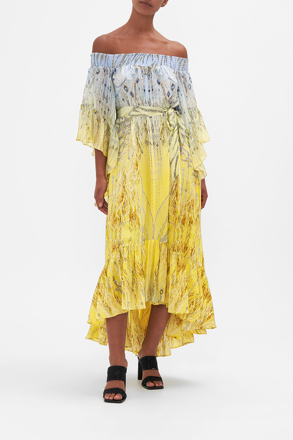 High Low Hem Off Shoulder Dress Moon And Back print by CAMILLA