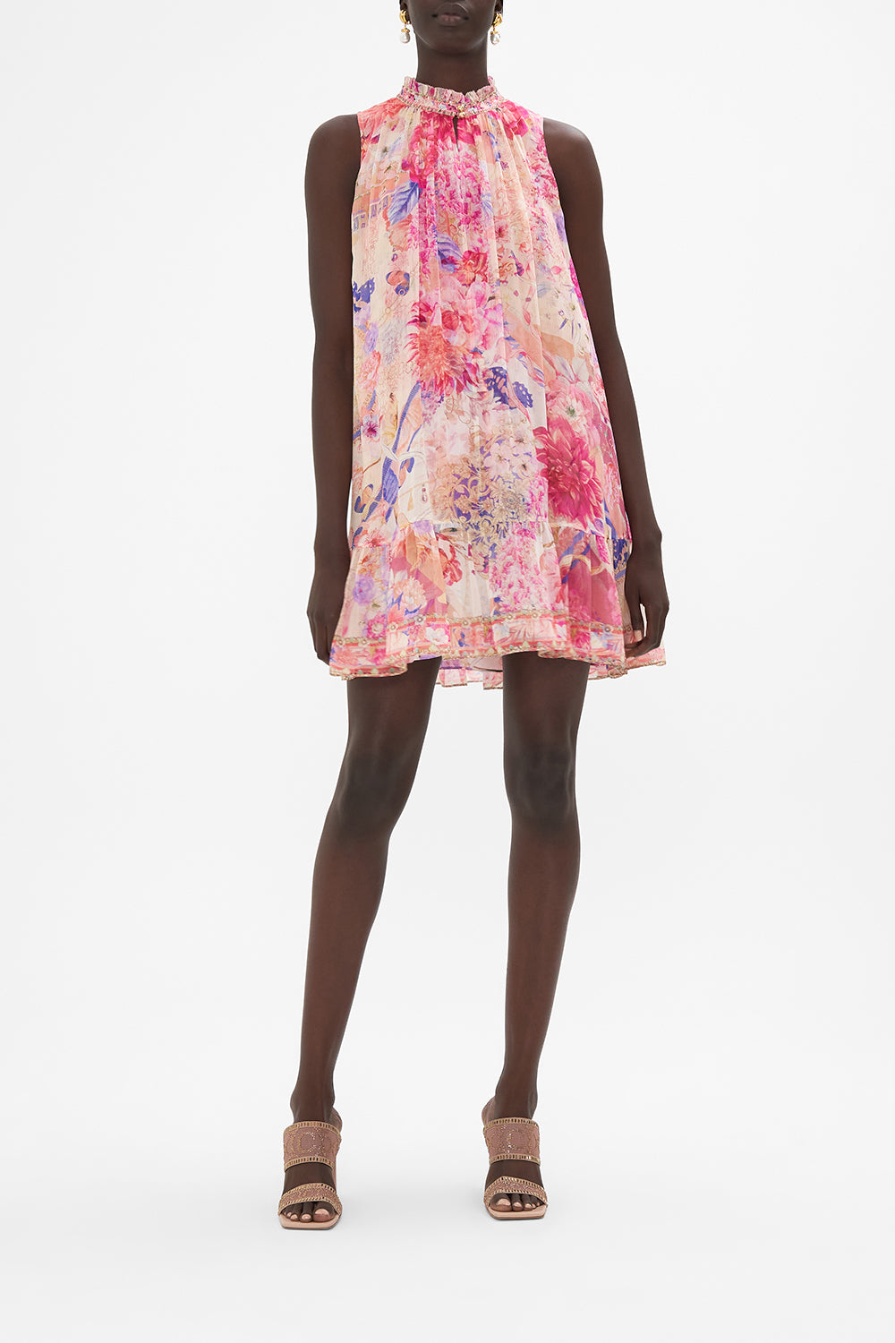High Neck Ruffle Dress Rose Bed Rendezvous print by CAMILLA