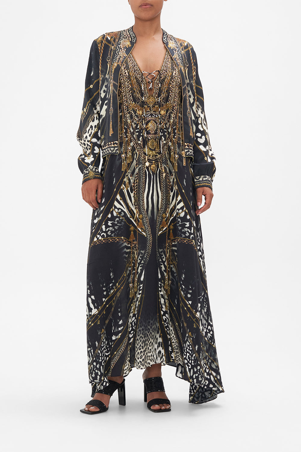 Front view of model wearing CAMILLA silk animal print bomber jacket in Untamed Royalty print