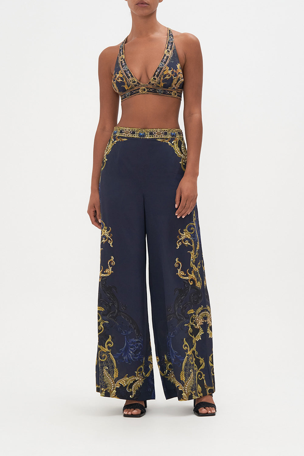 Front view of model wearing CAMILLA soft cup bra in Moonlight Melodies print