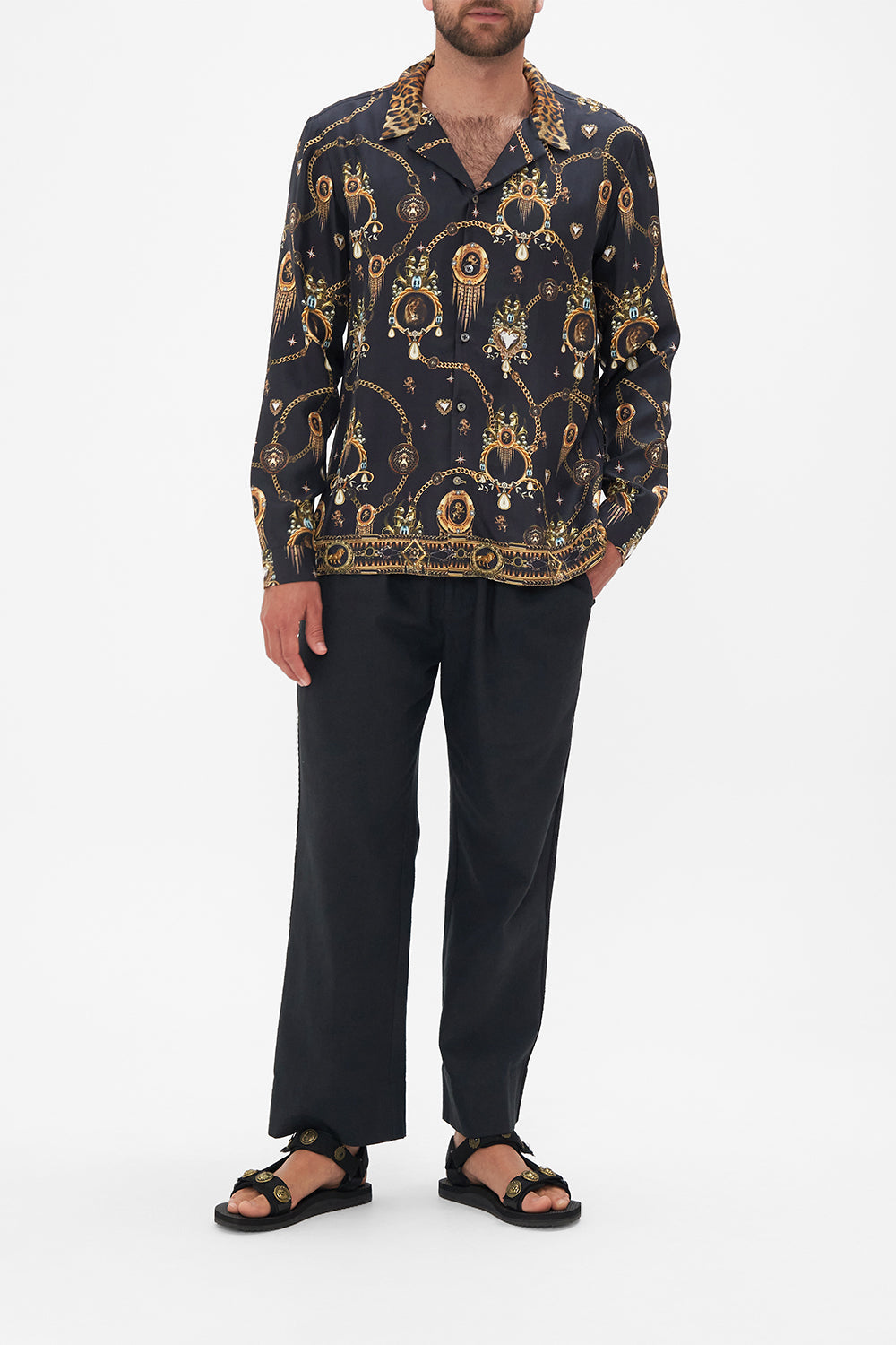 Front view of model wearing Hotel Franks by CAMILLA mens black long sleeve silk shirt in Jungle Dreaming print